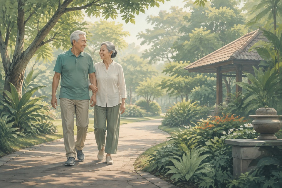 Ilustrasi pasangan lansia berjalan santai di taman