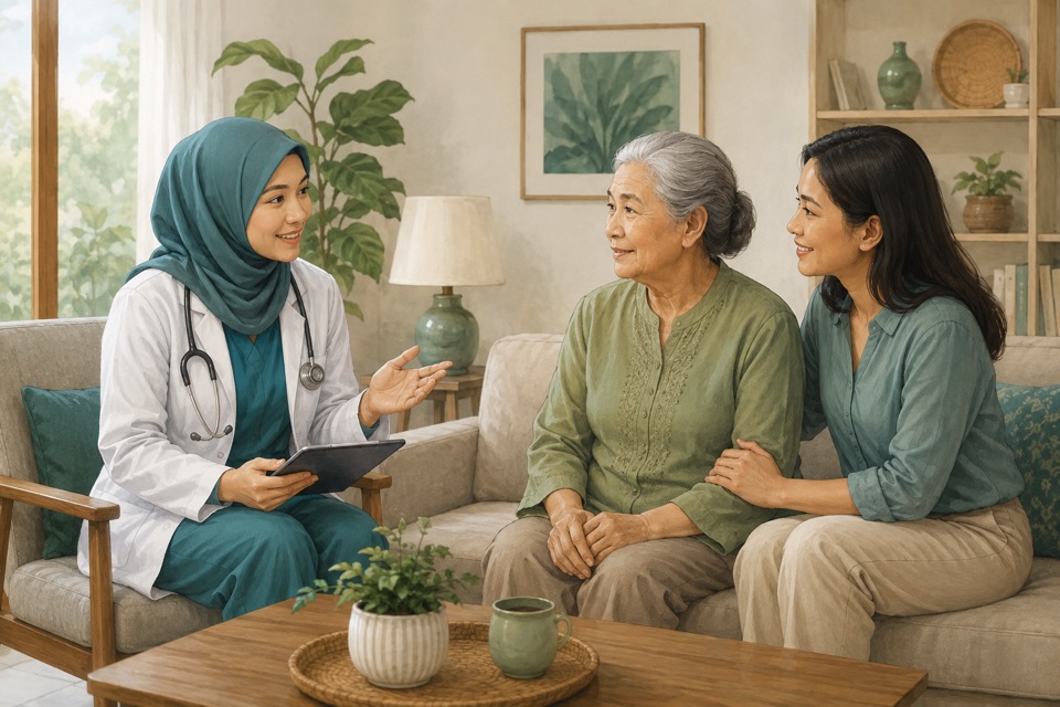 Ilustrasi dokter berbincang dengan pasien lansia dan keluarga di rumah