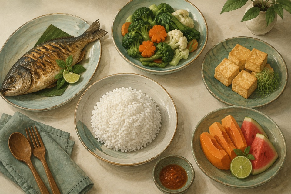 Ilustrasi menu dengan sayuran, ikan, tahu, nasi, dan buah